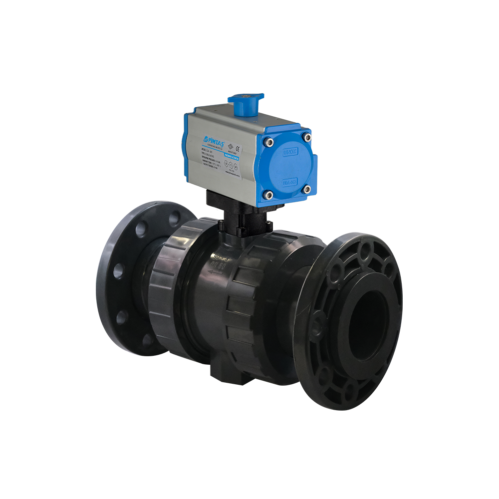 U-PVC Tek Etkili Pnömatik Aktüatörlü Küresel Vana Çift Taraf Flanş Bağlantılı Yüksek Dayanımlı